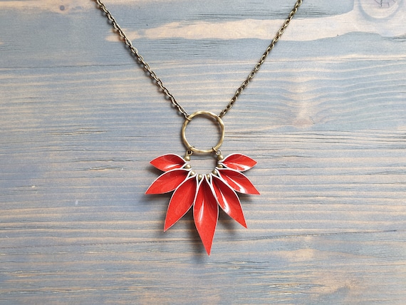 Red Leather Necklace, Bronze Chain Necklace, Boho Necklace, Leather Petal Necklace, Boho Jewelry, Statement Necklace, Statement Jewelry
