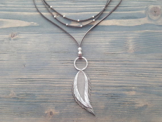 Grey Leather Feather Pendant Necklace. Bohemian Leather Necklace. Layered Wrap Necklace. Boho Choker Necklace. Leather Bohemian Jewelry.
