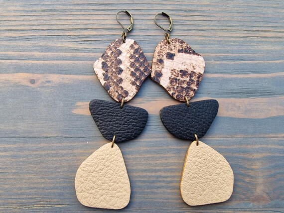 Leather Earrings, Snake Print, Black, Beige Earrings, Art Nouveau Earrings, Long Drop Earrings, Genuine Leather Jewelry, Statement Earrings