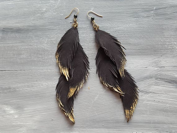 Suede leather earrings. Statement earrings. Leather feather earrings. Long feather earrings. Boho earrings. Bohemian dangle earrings