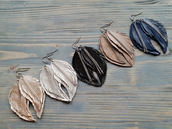 Genuine Leather Feather Earrings, Leather Earrings, Bohemian Leather Jewelry, Big Statement Earrings, Boho Earrings, Bohemian Earrings