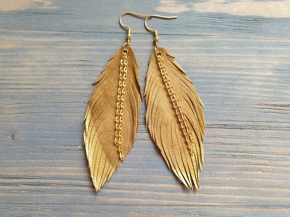Leather Earrings, Large Boho Earrings, Leather Feather earrings, Lightweight Earrings, Dangle Earrings, Gift for Her, Boho Jewelry.
