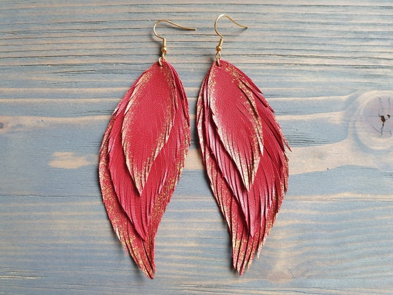 Red Leather Earrings, Statement Earrings, Leather Feather Earrings, Oversize Earrings, Layered Leather Earrings, Bohemian Earrings