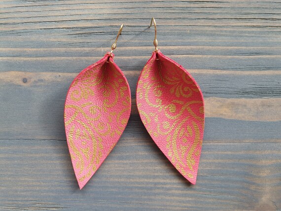 Leather Leaf Earrings, Coral Earrings, Pink Earrings, Leather Earrings, Boho Earrings, Hand painted Earrings, Bohemian Earrings, Boho Chic
