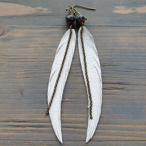 Long Feather Earrings Bohemian Earrings Gemstone Leather Earrings Bohemian Jewelry Long Leather Feather Earrings Boho Tribal Earrings. image 6