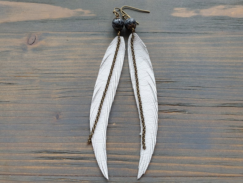 Long Feather Earrings Bohemian Earrings Gemstone Leather Earrings Bohemian Jewelry Long Leather Feather Earrings Boho Tribal Earrings. image 6