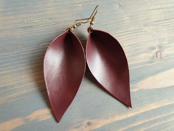 Burgundy Leather Earrings, Leaf Earrings, Large Leather Leaf Earrings, Leather Earrings