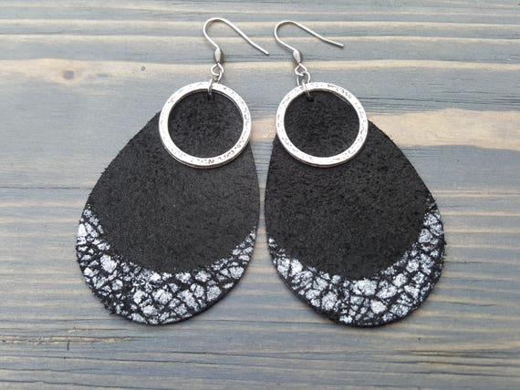 Black teardrop earrings. Leather teardrop earrings. Leather earrings. Large earrings. Bohemian earrings. Boho earrings. Lightweight earrings