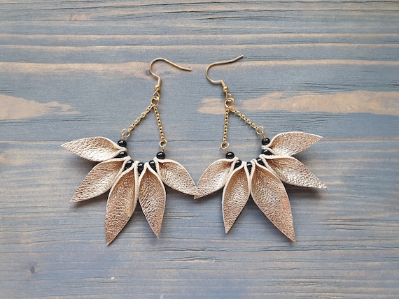 Leather Earrings, Gold Earrings, Statement Earrings, Bohemian Earrings, Boho Earrings, Star Earrings, Leather Petal Earrings, Dangle Earring