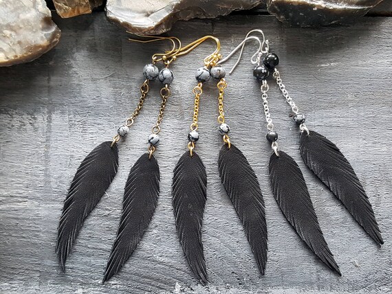 Feather earrings. Black earrings. Long drop earrings. Leather earrings. Dangle earrings. Snowflake obsidian earrings. Boho earrings.