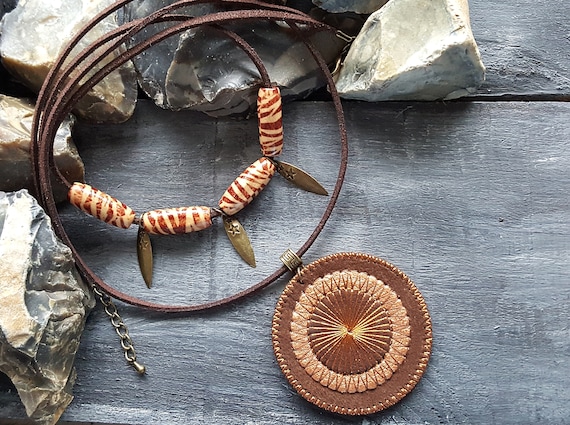Brown Suede Leather Necklace. Statement Mandala Choker Necklace. Brown Bronze Tribal Necklace. Boho Beaded Choker. Large Bohemian Pendant.