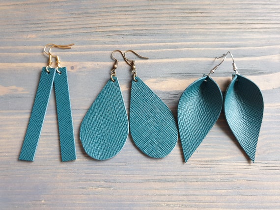 Green Turquoise Leather Earrings, Leather Bar Earrings, Leather Teardrop Earrings, Leather Leaf Earrings, Minimalist Earrings Handmade