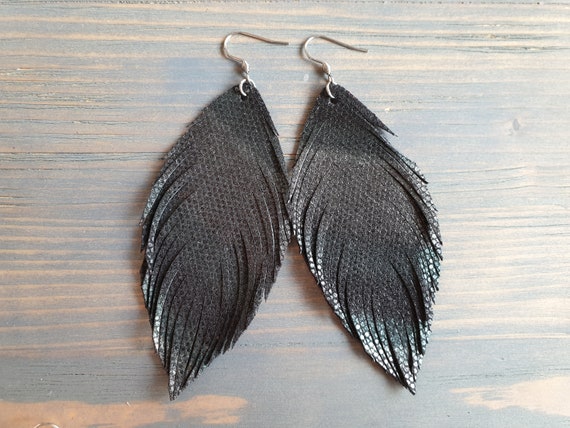 Leather Feather Earrings, Lightweight Earrings, Boho Earrings, Dark Leather Earrings, Large Leather Earrings, Dangle Earrings, Gift For Her
