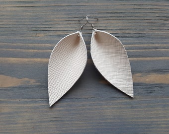 Leather Leaf Earrings. Pearl White Leather Earrings. Rustic Earrings. Boho Earrings. Boho Jewelry. Large Bohemian Earrings Teardrops