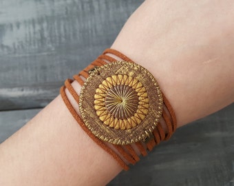 Brown Leather Bracelet Boho Wrap Bracelet Bohemian Layered Bracelet Hippie Cuff  Mandala Bracelet Suede Cord Bracelet Boho Tribal Jewelry