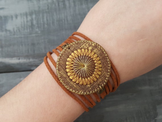 Brown Leather Bracelet Boho Wrap Bracelet Bohemian Layered Bracelet Hippie Cuff Mandala Bracelet Suede Cord Bracelet Boho Tribal Jewelry