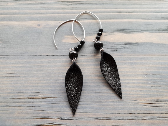 Large Silver Hoop Earrings, Black Agate Earrings, Leather Leaf Earrings, Shiny Leather Earrings, Long Dangle Earrings, Statement Earrings