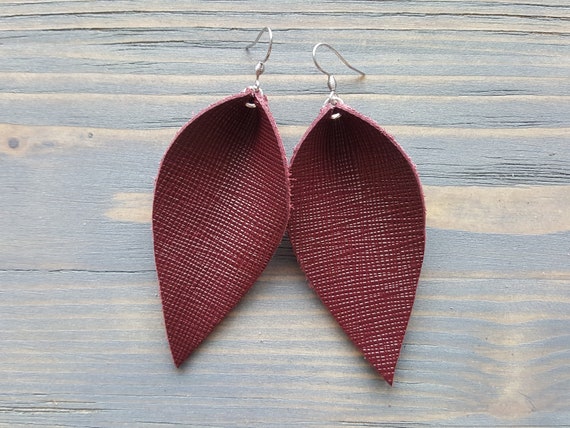 Leather Leaf Earrings. Cherry Red Leather Earrings. Bohemian Earrings. Leather Rustic Earrings. Country Chic Earrings. Large Boho Earrings