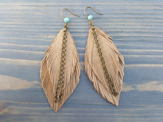 Sand leather earrings. Bohemian earrings. Leather feather earrings. Boho earrings. Leather boho jewelry. Long dangle earrings. Boho chic.
