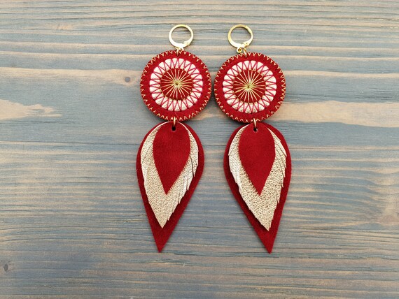 Leather earrings. Burgundy earrings. Statement earrings. Bohemian earrings. Boho earrings. Boho jewelry. Statement jewelry. Large earrings.