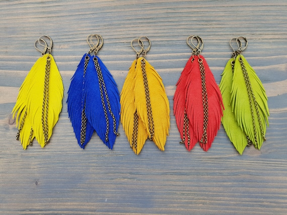 Large Leather Earrings, Leather Feather Earrings, Boho Earrings, Bright Earrings, Long Earrings, Boho Jewelry, Statement Earrings