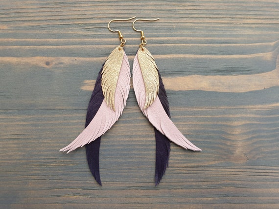 long earrings Cream beige suede leather Feather Earrings Boho earrings layered earrings dangle earrings tribal Earrings