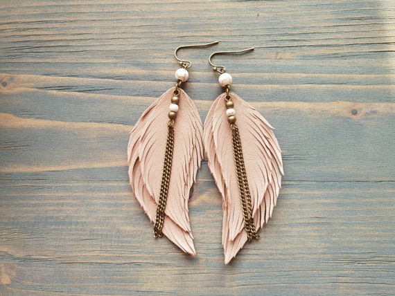 Beige bronze leather earrings Large feather earrings Leather feather earrings Long dangle earrings Bronze bohemian earrings Boho earrings