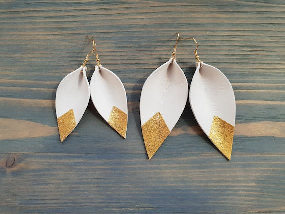 White Leather Earrings, Leaf Earrings, Leather Leaf Earrings, White Leaf Earrings, Gold Dipped Earrings, White and Gold Earrings, Boho