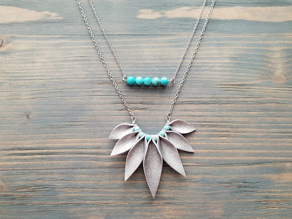 Silver Necklace, Leather Necklace, Silver chain necklace, Turquoise Necklace, Layered Necklace, Bar Necklace, Beaded Necklace, Boho Necklace