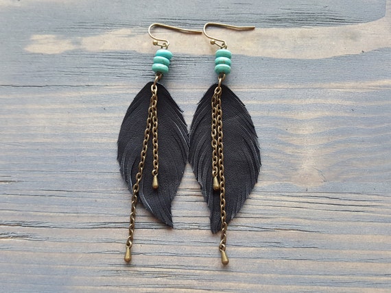 Long tribal earrings. Black feather earrings. Leather earrings. Boho earrings. Turquoise earrings. Bohemian earrings. Leather feather.