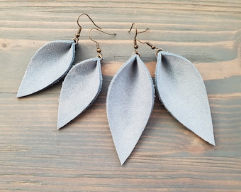 Leaf Earrings, Leather Earrings, Blue- Grey Earrings, Leather Leaf Earrings, Boho Earrings, Western Earrings, Boho Jewelry Handmade
