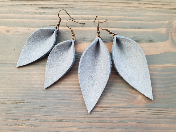 Leaf Earrings, Leather Earrings, Blue- Grey Earrings, Leather Leaf Earrings, Boho Earrings, Western Earrings, Boho Jewelry Handmade