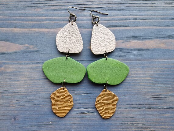 Statement Multicolor Leather Earrings, Long Dangle Earrings, Large Art Nouveau Earrings, Genuine Leather Jewelry, Modern Earrings Handmade