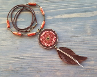 Long Bohemian Necklace. Leather Necklace, Bohemian Necklace, Statement Necklace, Large Pendant Necklace, Leather Feather Necklace
