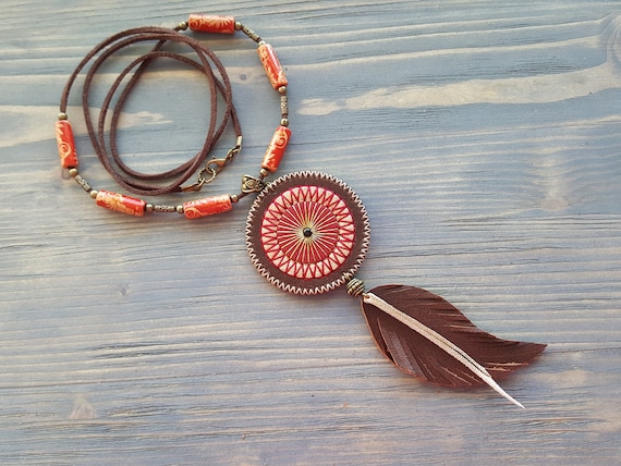 Long Bohemian Necklace. Leather Necklace, Bohemian Necklace, Statement Necklace, Large Pendant Necklace, Leather Feather Necklace