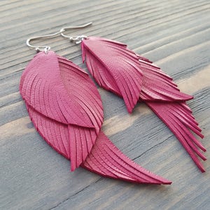 Fuchsia pink earrings. Pink leather earrings. Leather feather earrings. Long feather earrings. Bohemian earrings. Boho earrings. Boho chic. image 7