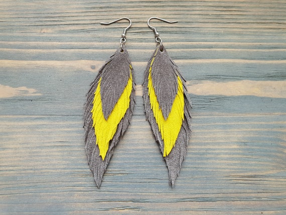 Grey and Yellow Earrings, Leather earrings, Leather Feather Earrings, Long Boho Earrings, Boho Jewelry, Statement Earrings, Handmade