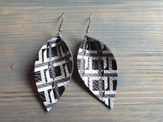 Geometric Print Leather Leaf Earrings, Large Leaf Earrings, Statement Earrings, Western Earrings, Leather Jewelry, Boho Earrings