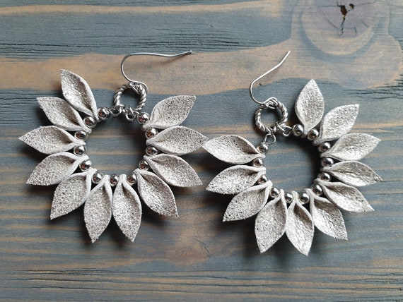 Silver Hoop Earrings, Statement Earrings, Leather Leaf Earring, Shiny Leather Earrings, Bohemian Earrings, Boho Earrings, Leather Jewelry