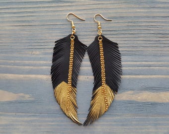 Feather Earrings Leather Feathers Earrings Dangle  Boho Earrings Large Bohemian Earrings Lightweight Earrings Long Boho Jewelry