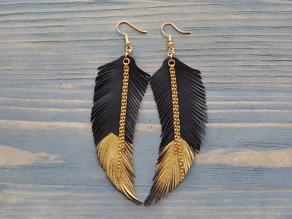 Feather Earrings Leather Feathers Earrings Dangle Boho Earrings Large Bohemian Earrings Lightweight Earrings Long Boho Jewelry