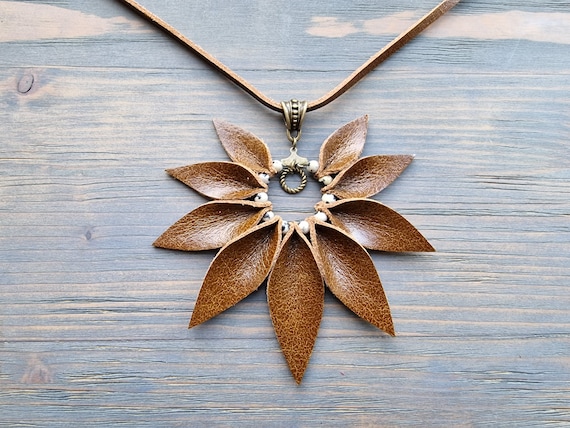 Large Leather Pendant Necklace, Genuine Brown Leather Petal Necklace, Long Boho Necklace, Natural Leather Jewelry, Boho Jewelry