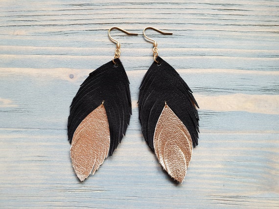 Black and Gold Leather Feather Earrings, Handmade Earrings, Dangle Earrings, Leather Earrings, Boho Earrings, Boho Jewelry, Double Feather