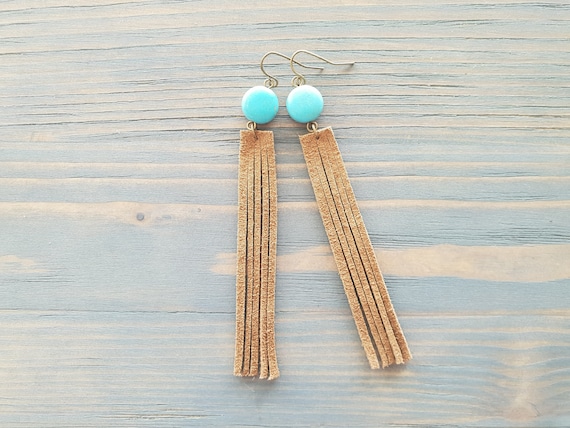 Leather Fringe Earrings Boho Earrings Long earrings Dangle Bohemian Earrings Leather Jewelry Boho Jewelry Turquoise Earrings Western earring