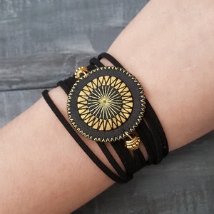 Leather wrap bracelet. Black wrap bracelet. Bohemian wrap bracelet. Boho bracelet. Leather cuff bracelet. Mandala bracelet. Layered bracelet image 4