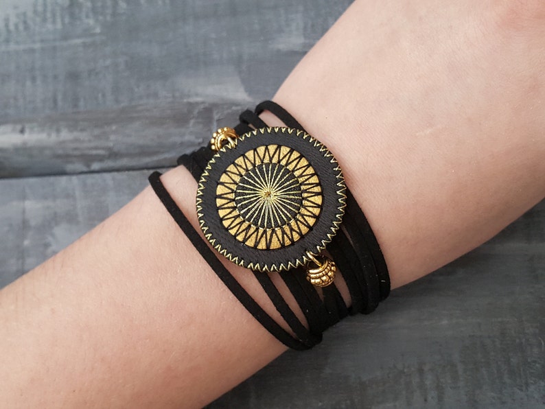 Leather wrap bracelet. Black wrap bracelet. Bohemian wrap bracelet. Boho bracelet. Leather cuff bracelet. Mandala bracelet. Layered bracelet image 4