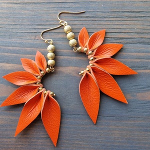 Genuine Leather Petal Earrings, Bright Orange Leather Earrings, Bohemian Earrings, Statement Earrings, Boho Earrings, Summer Jewellery