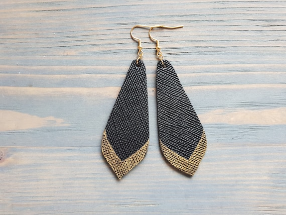 Black Leather Earrings, Leather Teardrop Earrings, Petal Earrings, Long Dangle Earrings, Black and Gold Earrings, Boho Earrings.