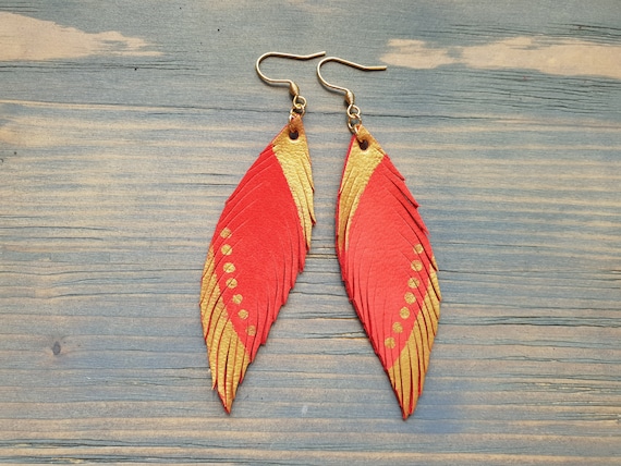 Coral Earrings, Leather Earrings, Feather Earrings, Leather Feather Earrings, Boho Earrings, Lightweight Earrings, Dangle Earrings Handmade