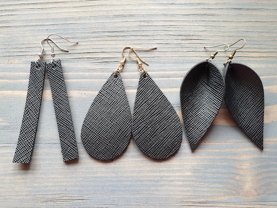 Black Leather Earrings, Leather Bar Earrings, Leather Teardrop Earrings, Leather Leaf Earrings Black Minimalist Earrings, Simple Earrings